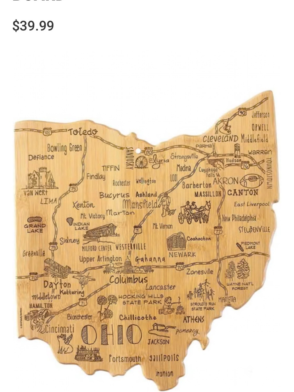 Ohio State Wooden Map charcuterie board - Natural Bamboo